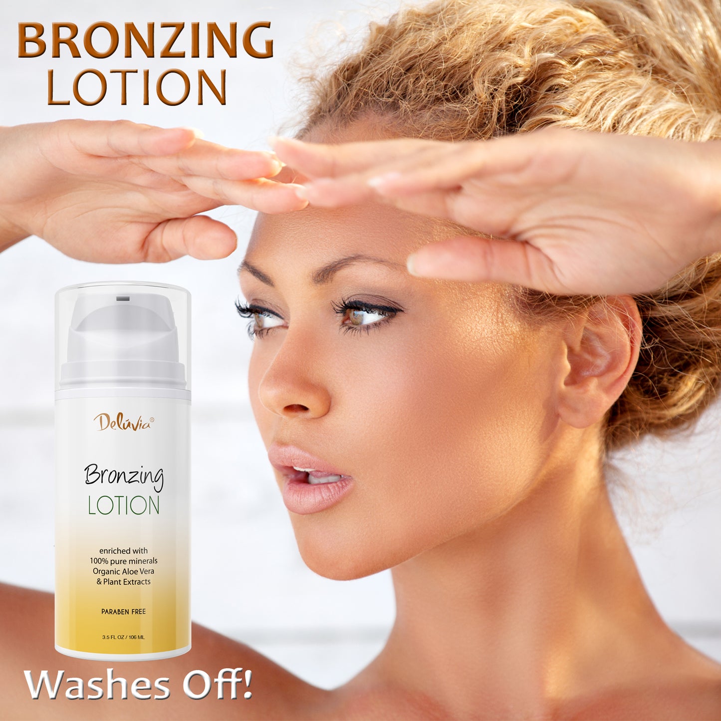 Woman applying bronzing lotion with a bottle of Deluvia Bronzing Lotion displayed.