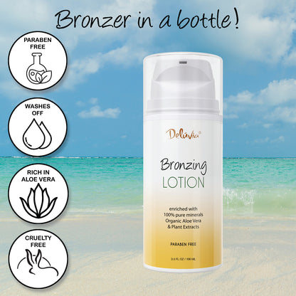 Deluvia Bronzing Lotion bottle with benefits listed with illustrations
