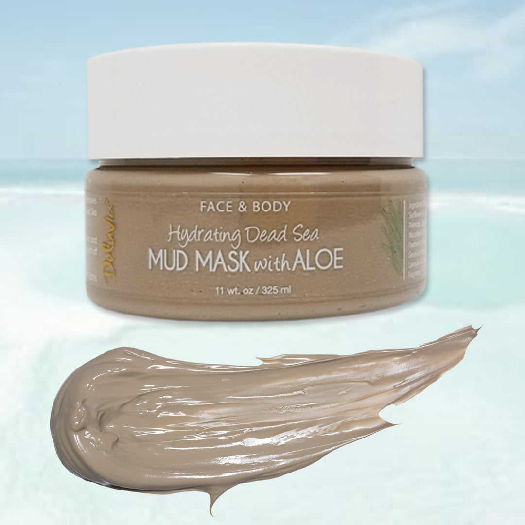 Jar of Deluvia Hydrating Dead Sea Mud Mask with Aloe with a swatch of mud
