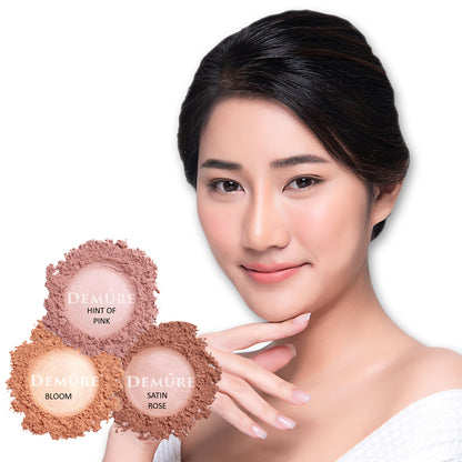 A photo of an Asian woman wearing blush along with three swatches of blush color options
