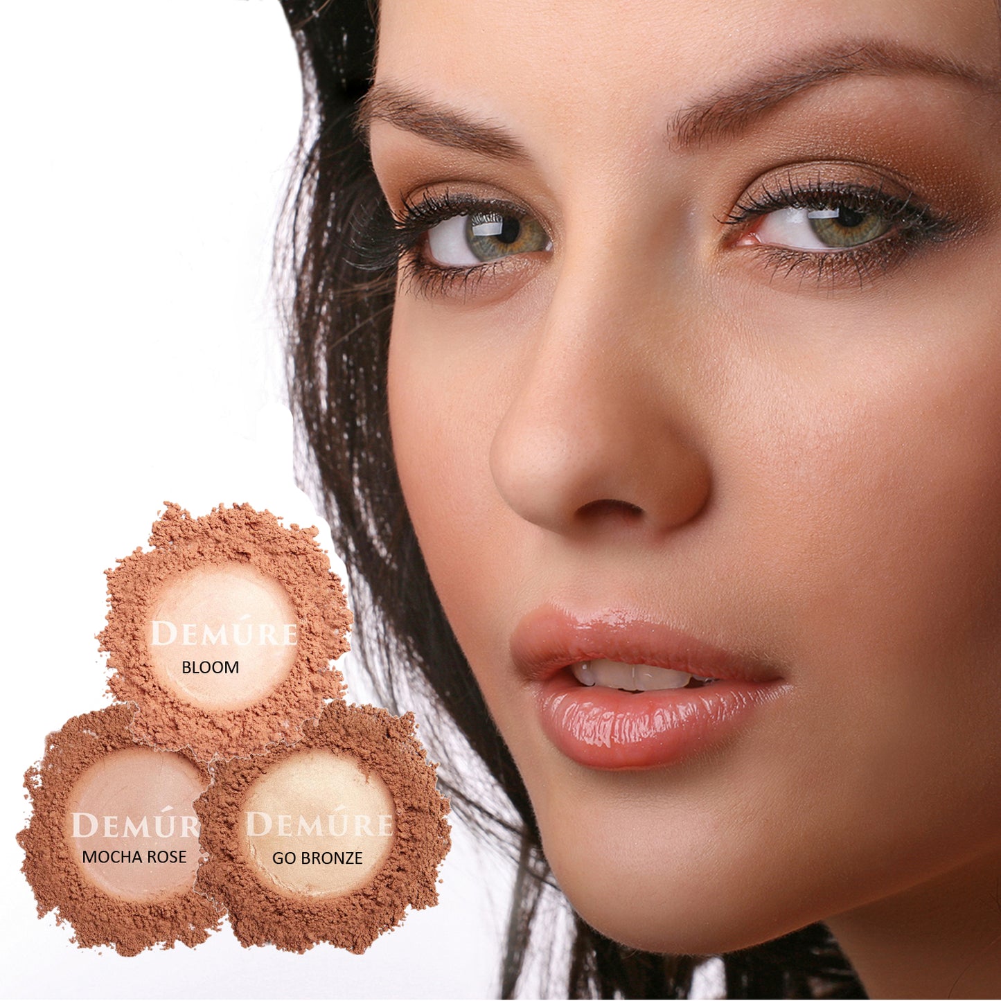 A photo of a woman wearing blush along with three swatches of blush color options