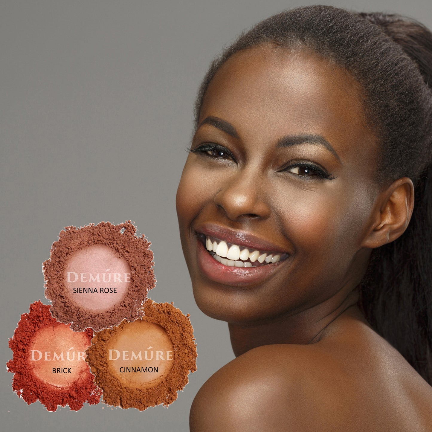 A photo of an African American woman wearing blush along with three swatches of blush color options