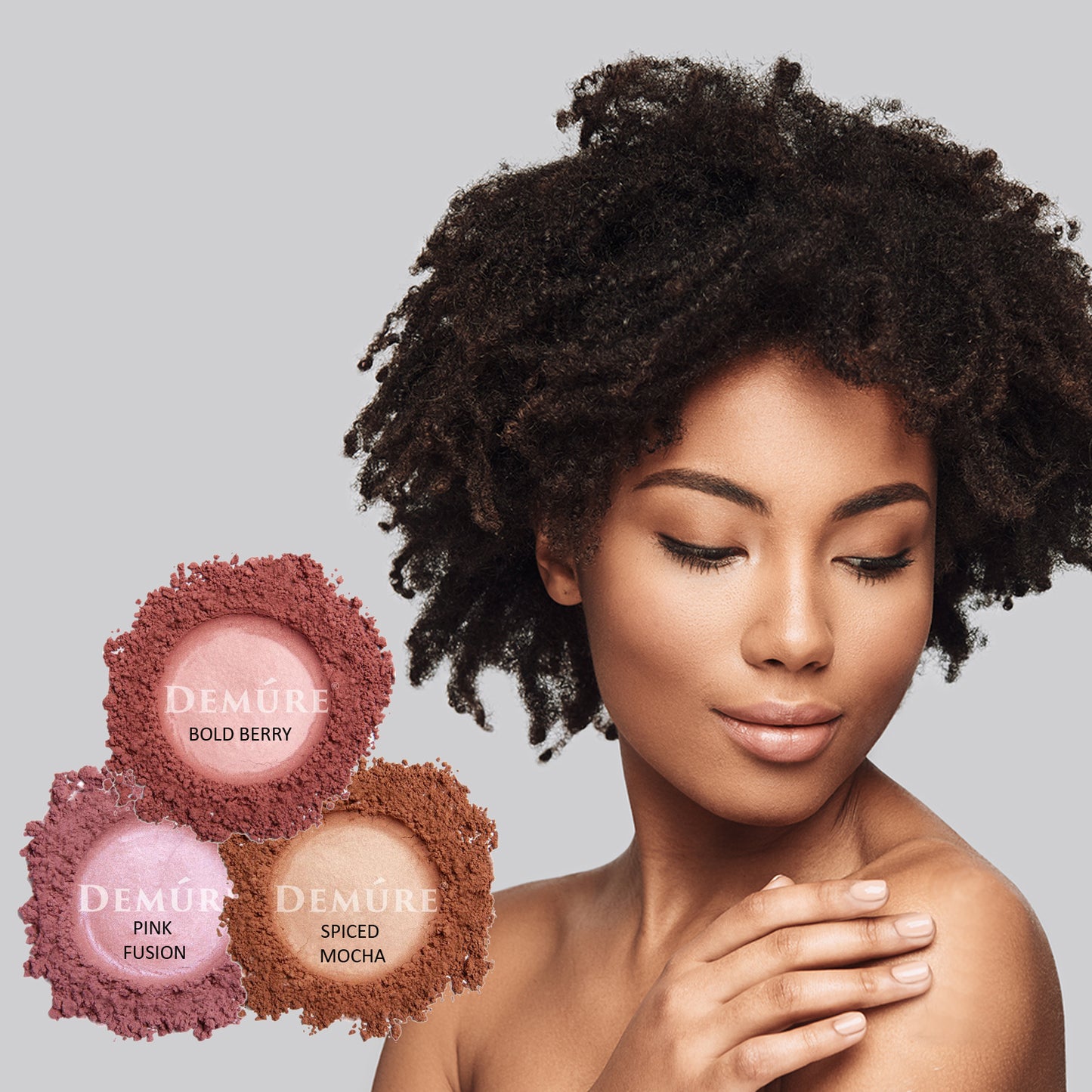 A photo of an African American woman wearing blush along with three swatches of blush color options
