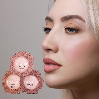A photo of a woman wearing blush along with three swatches of blush color options