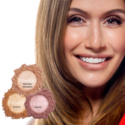 A photo of a woman wearing blush along with three swatches of blush color options