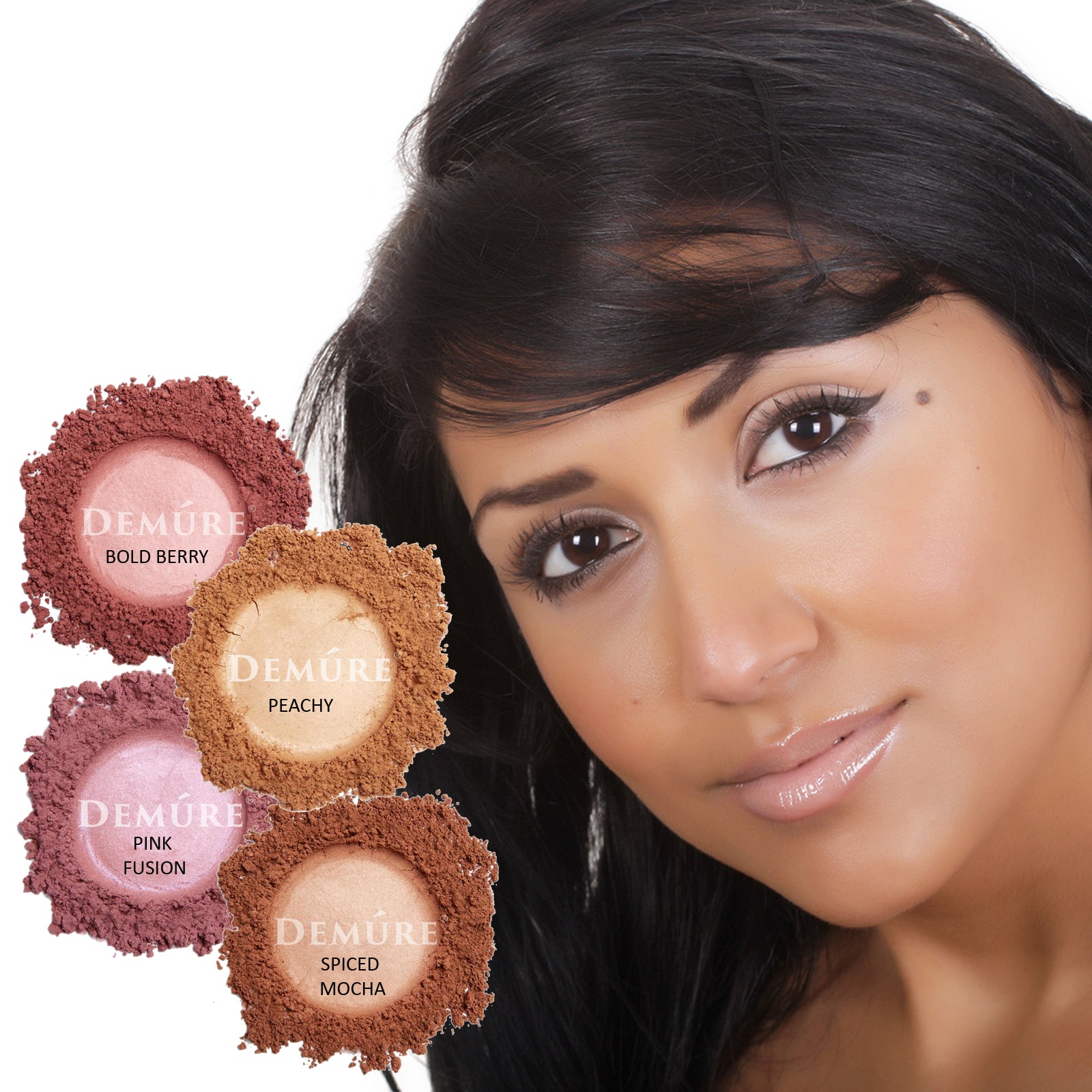 A photo of a Latino woman wearing blush along with three swatches of blush color options