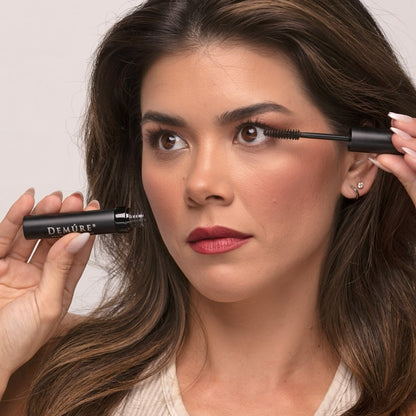 Woman applying Demure Brown Mascara to her right eye lashes