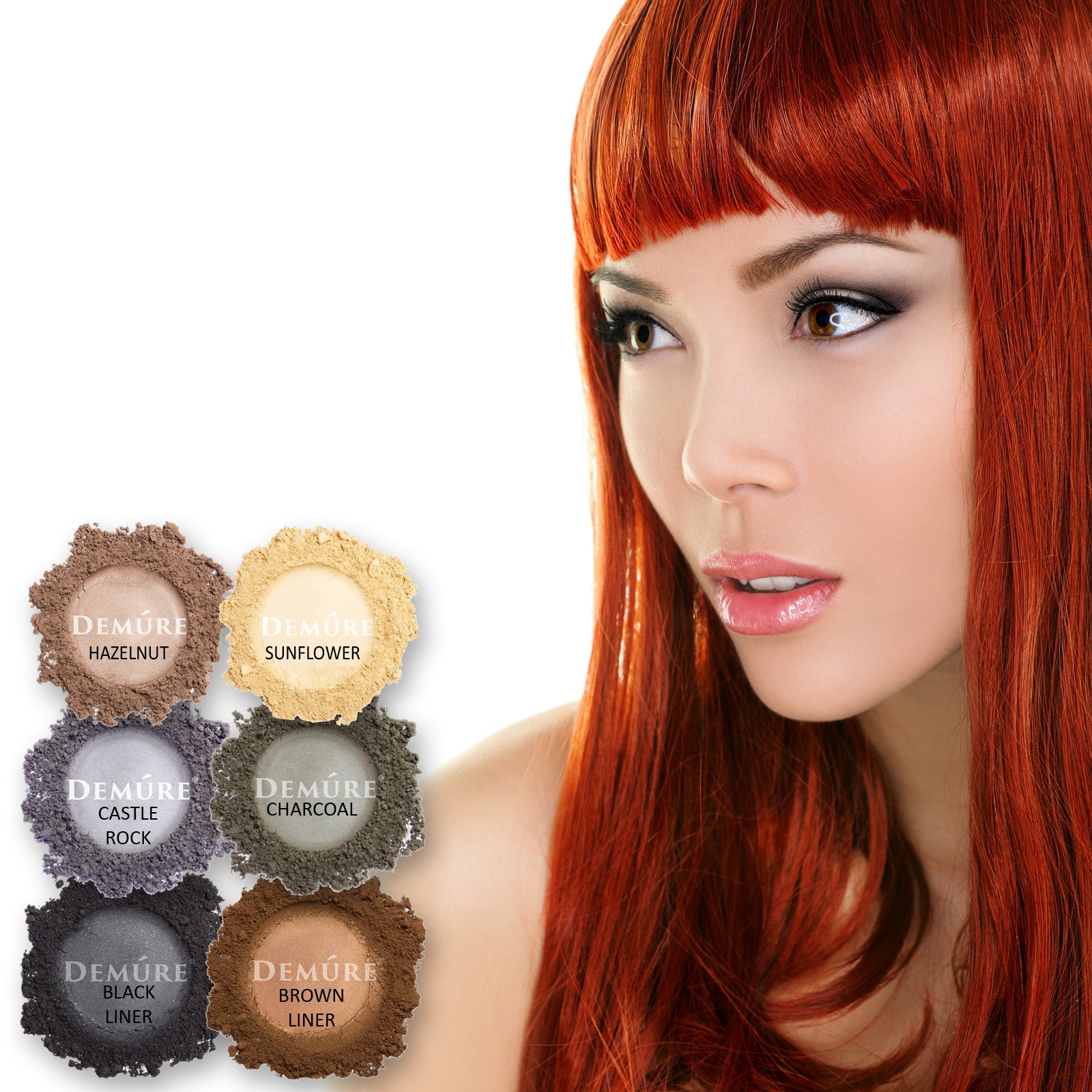 Woman with a variety of eye colors on and swatches of 6 eye colors.