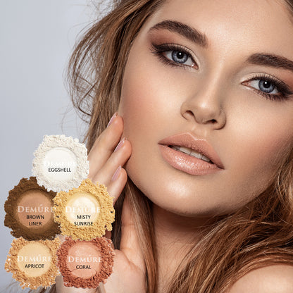 Woman with a variety of eye colors on and swatches of 5 eye colors.