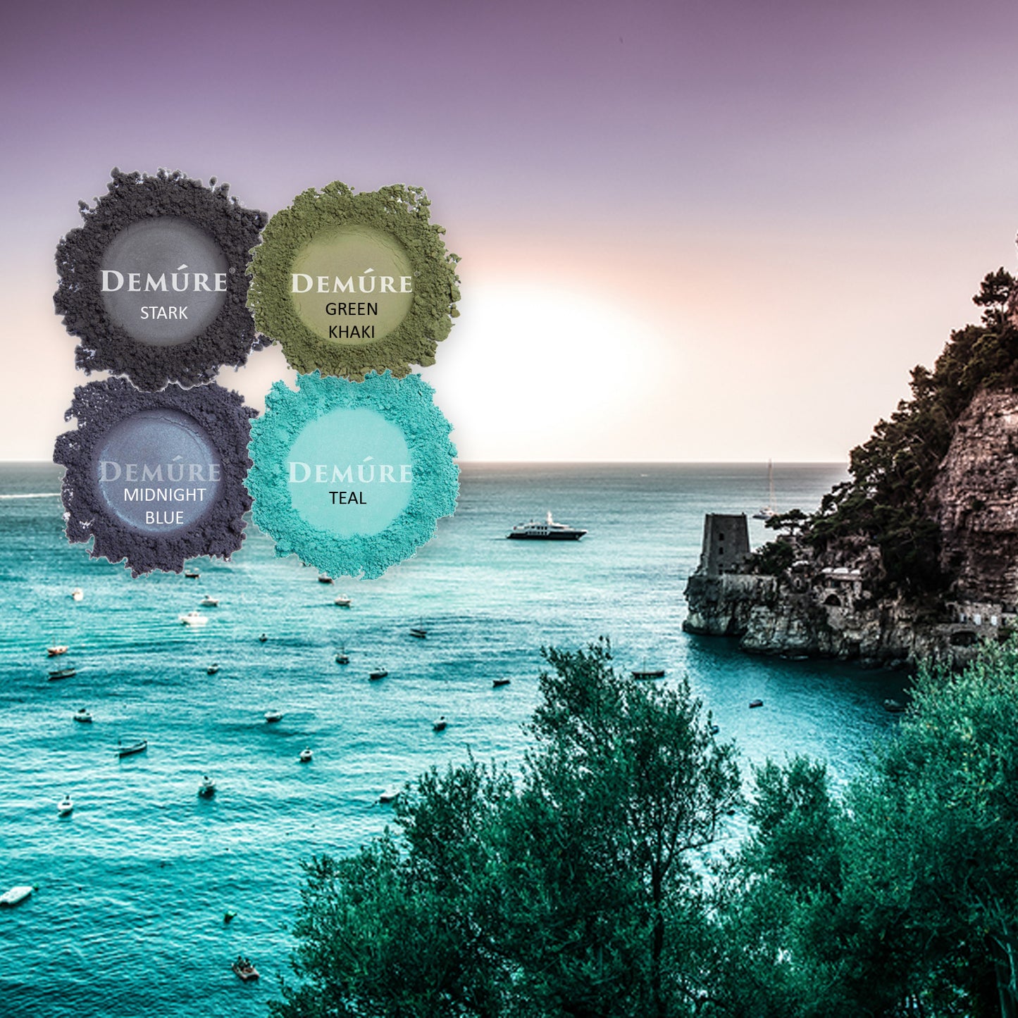 Three complimentary blue green eye color swatches including Green Khaki, against an ocean background image.