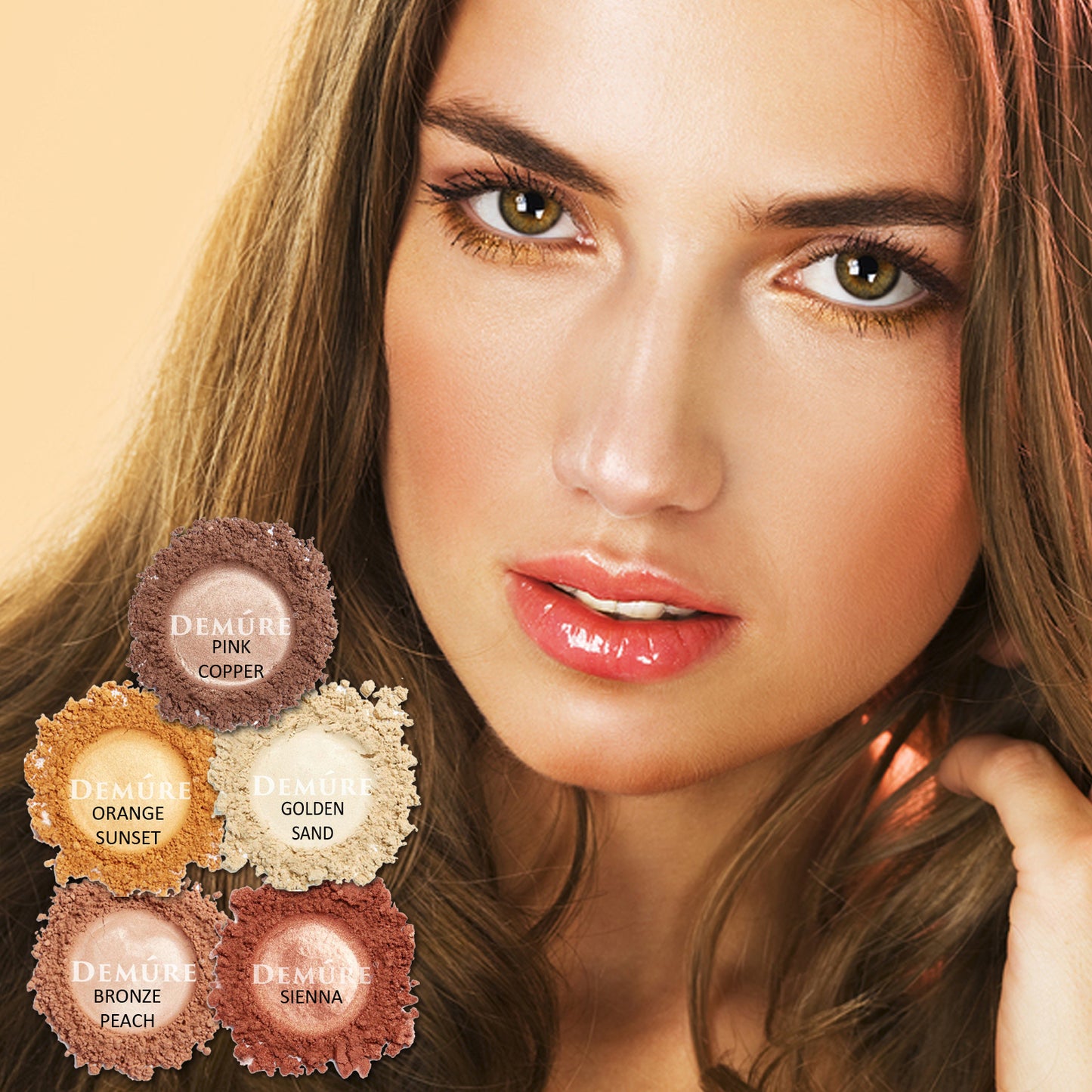 Woman with makeup swatches labeled 'Demure' in various colors on a beige background