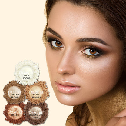 Woman with a variety of eye colors on and swatches of 5 eye colors.