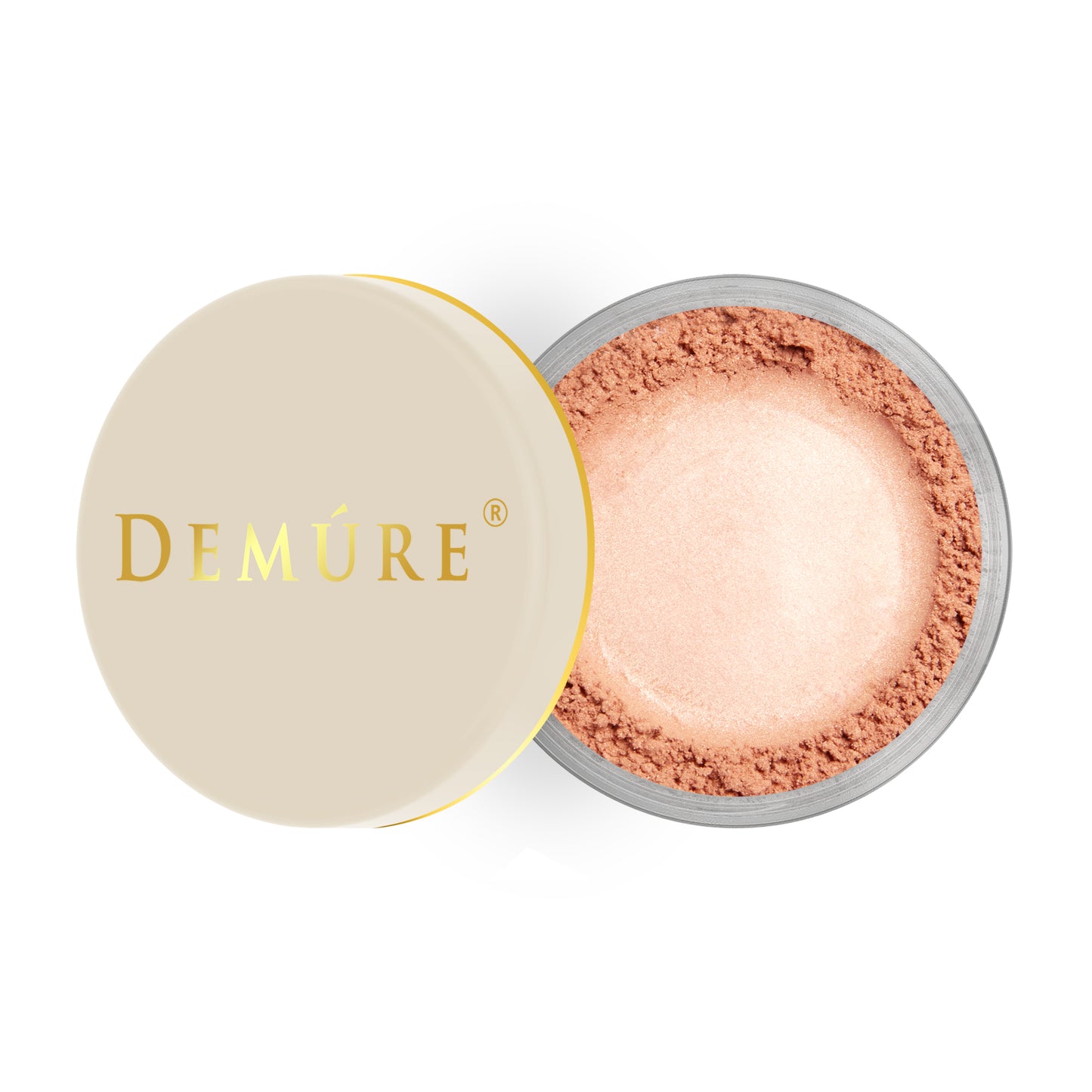 Open container of Demure Bloom color loose blush with a gold lid