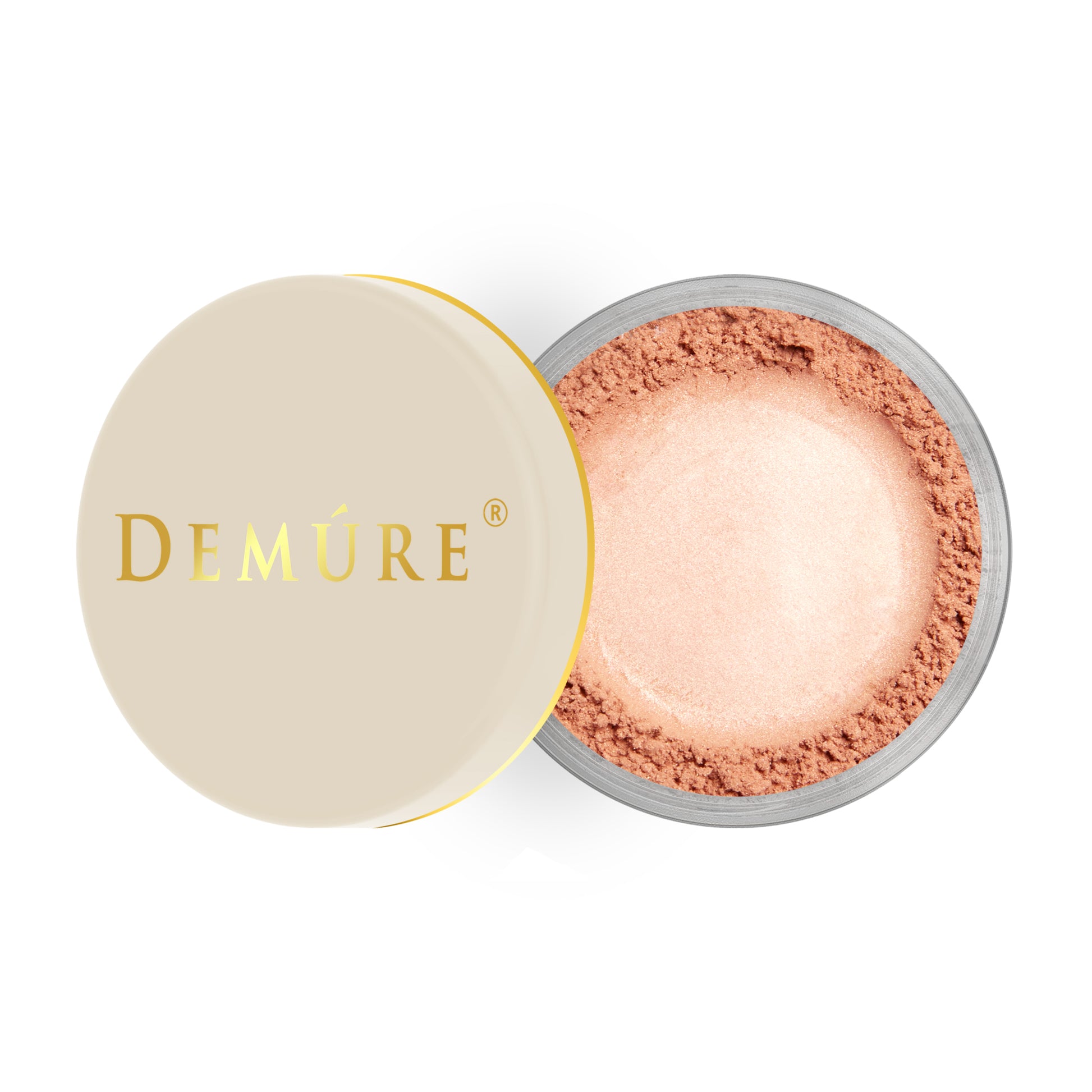 Open container of Demure Bloom color loose blush with a gold lid