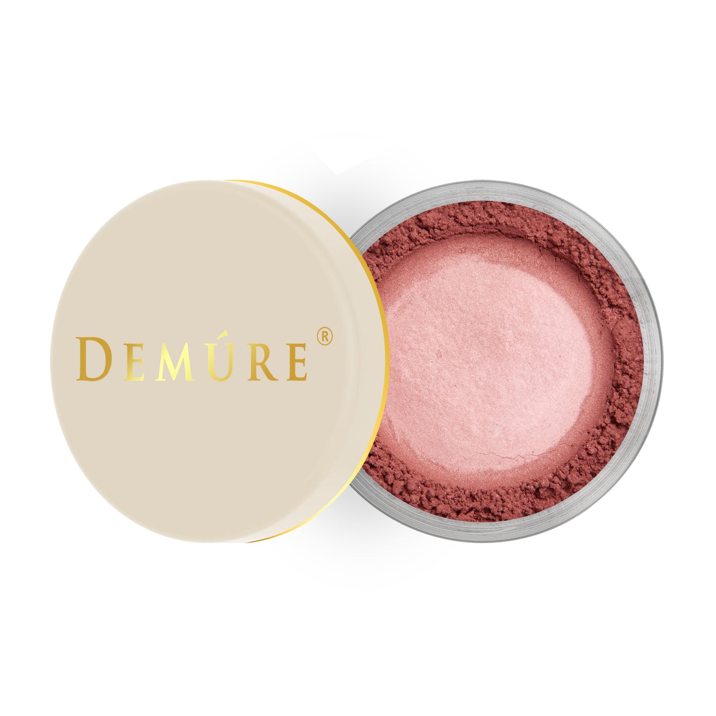 Open container of Demure Bold Berry color loose blush with a gold lid