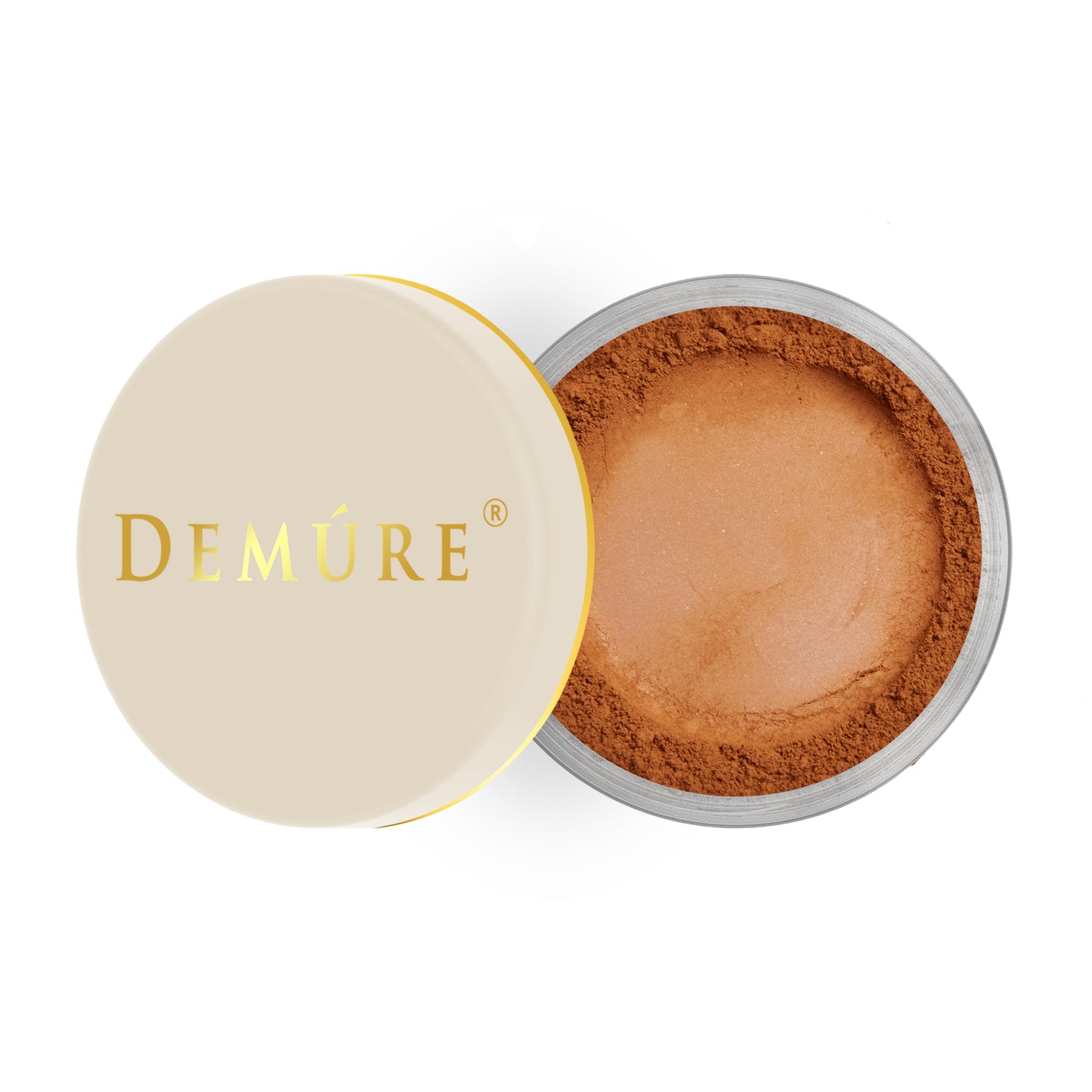 Open container of Demure Cinnamon color loose blush with a gold lid
