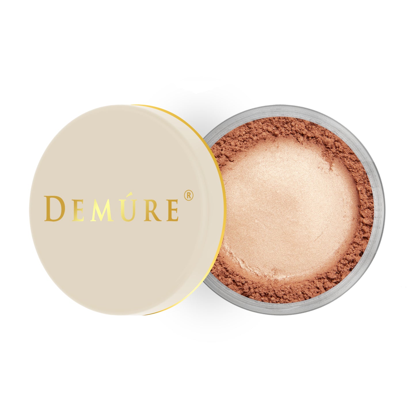 Open container of Demure Go Bronze color loose blush with a gold lid