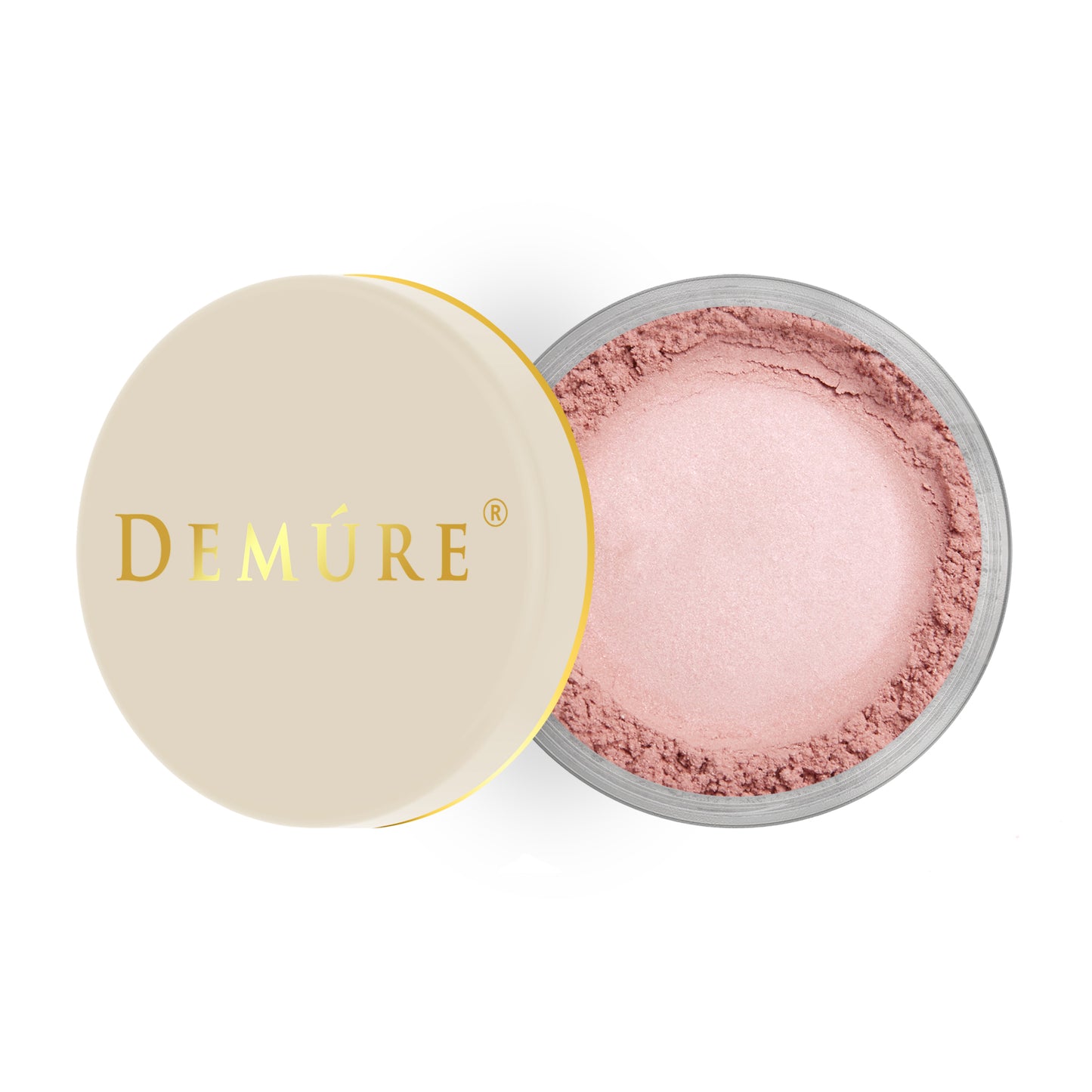 Open container of Demure Hint of Pink color loose blush with a gold lid
