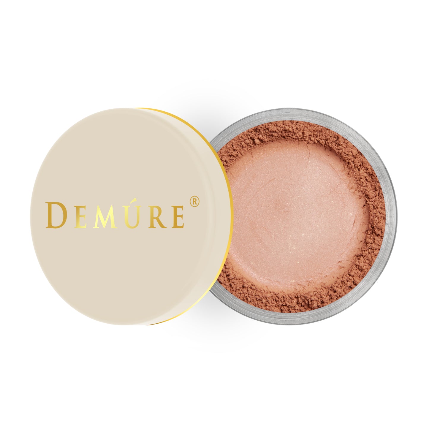 Open container of Demure Mocha Rose color loose blush with a gold lid