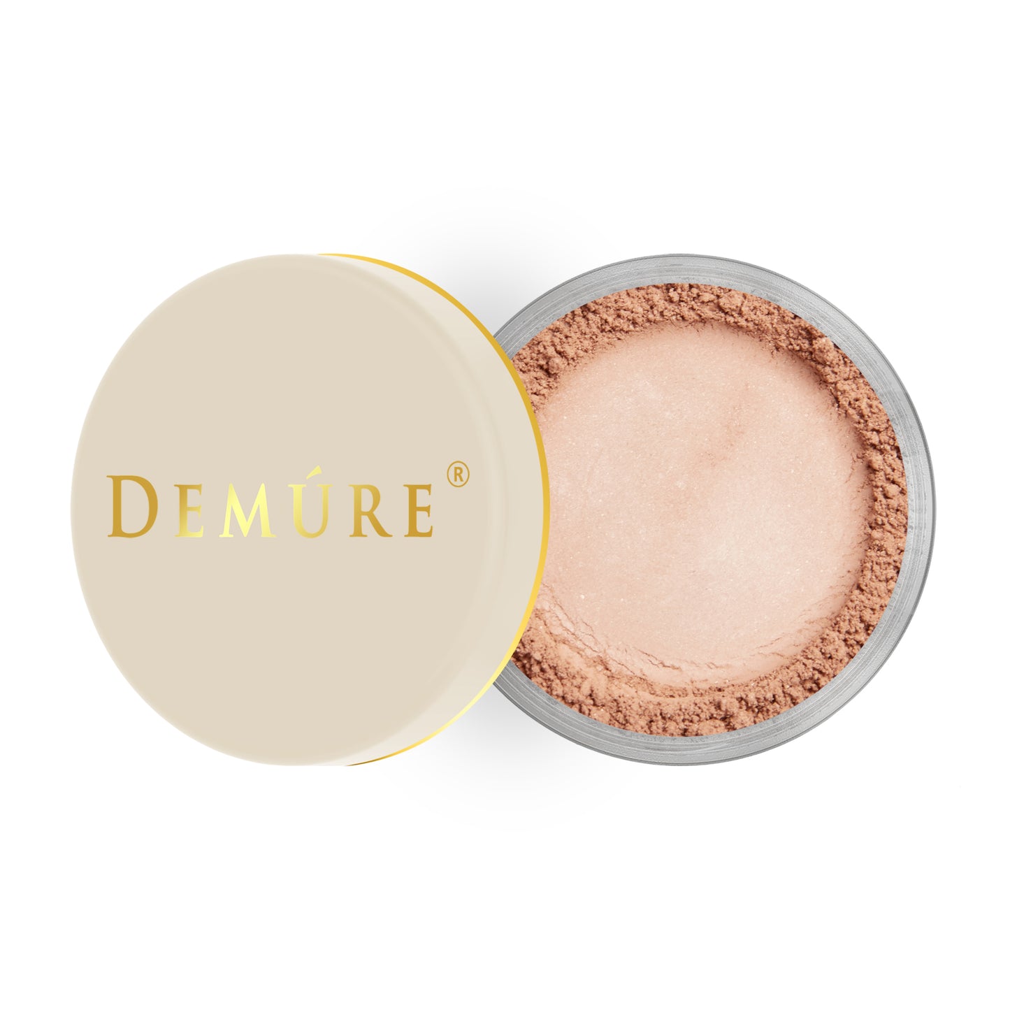 Open container of Demure Natural Radiance color loose blush with a gold lid