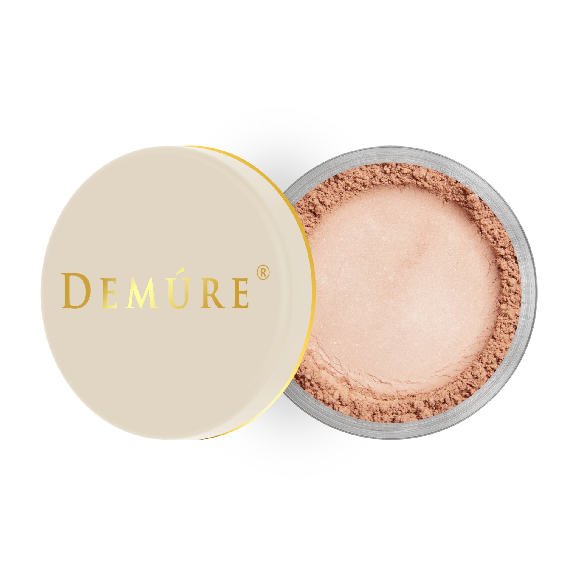 Open container of Demure Natural Radiance color loose blush with a gold lid