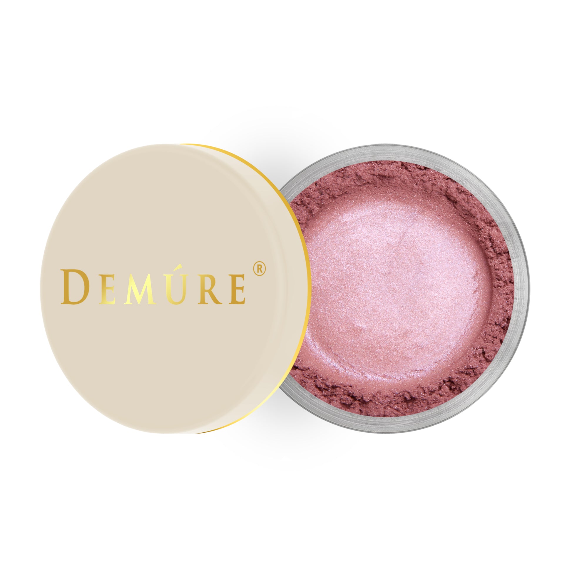 Open container of Demure Pink Fusion color loose blush with a gold lid