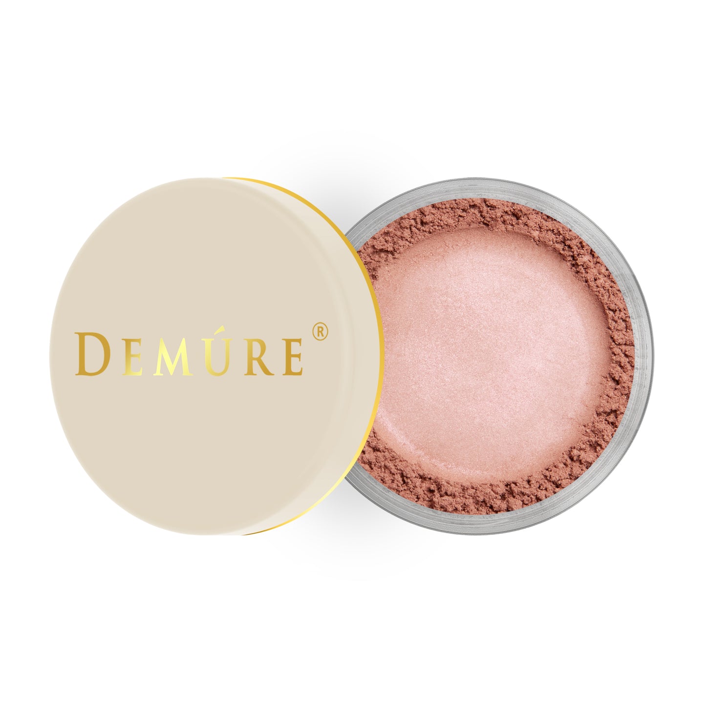 Open container of Demure Satin Rose color loose blush with a gold lid