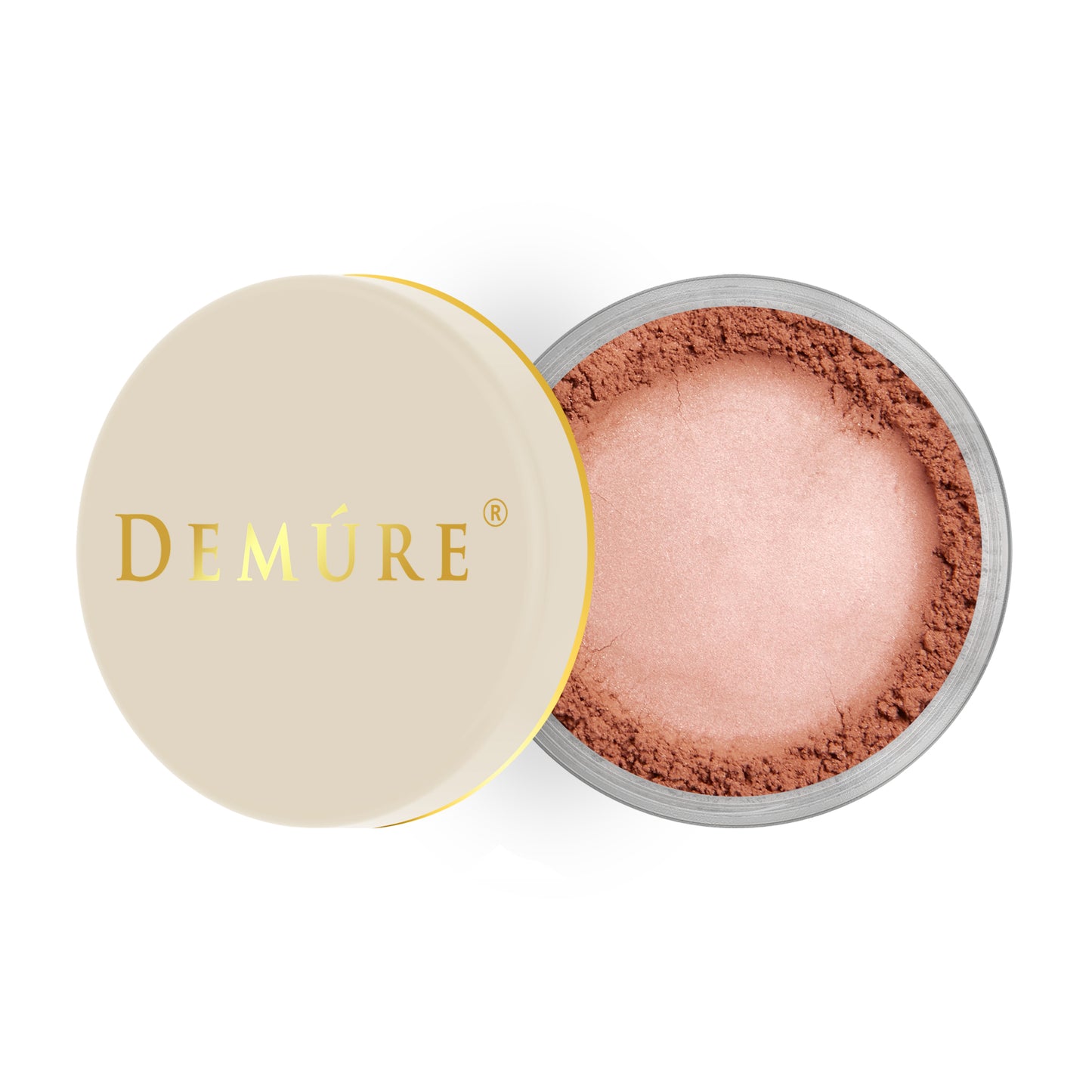 Open container of Demure Sienna Rose color loose blush with a gold lid