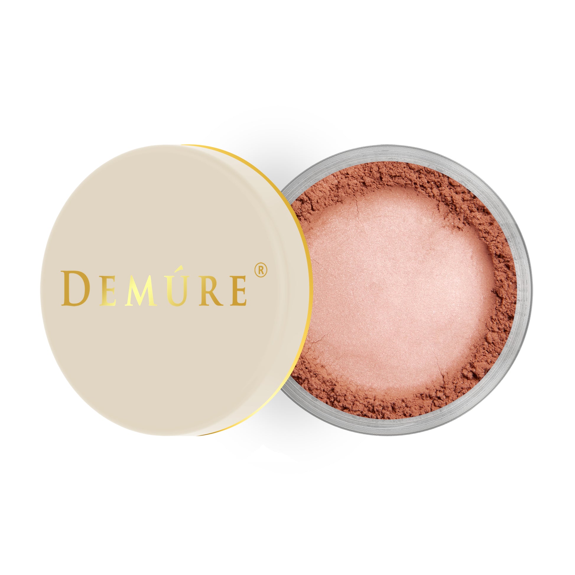 Open container of Demure Sienna Rose color loose blush with a gold lid