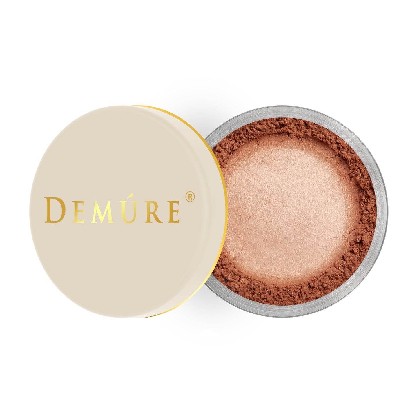 Open container of Demure Spiced Mocha color loose blush with a gold lid