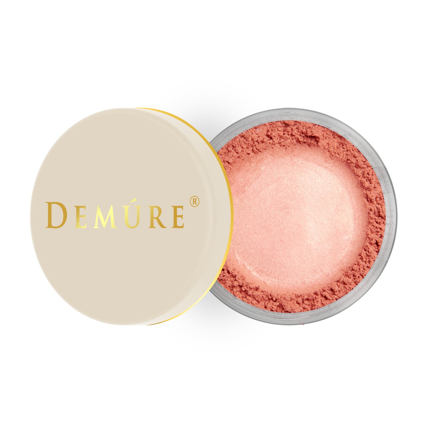Open container of Demure Strawberry color loose blush with a gold lid