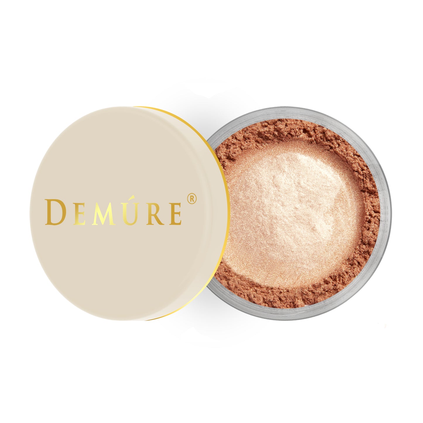 Open container of Demure Face & Body Bronzer with a gold lid