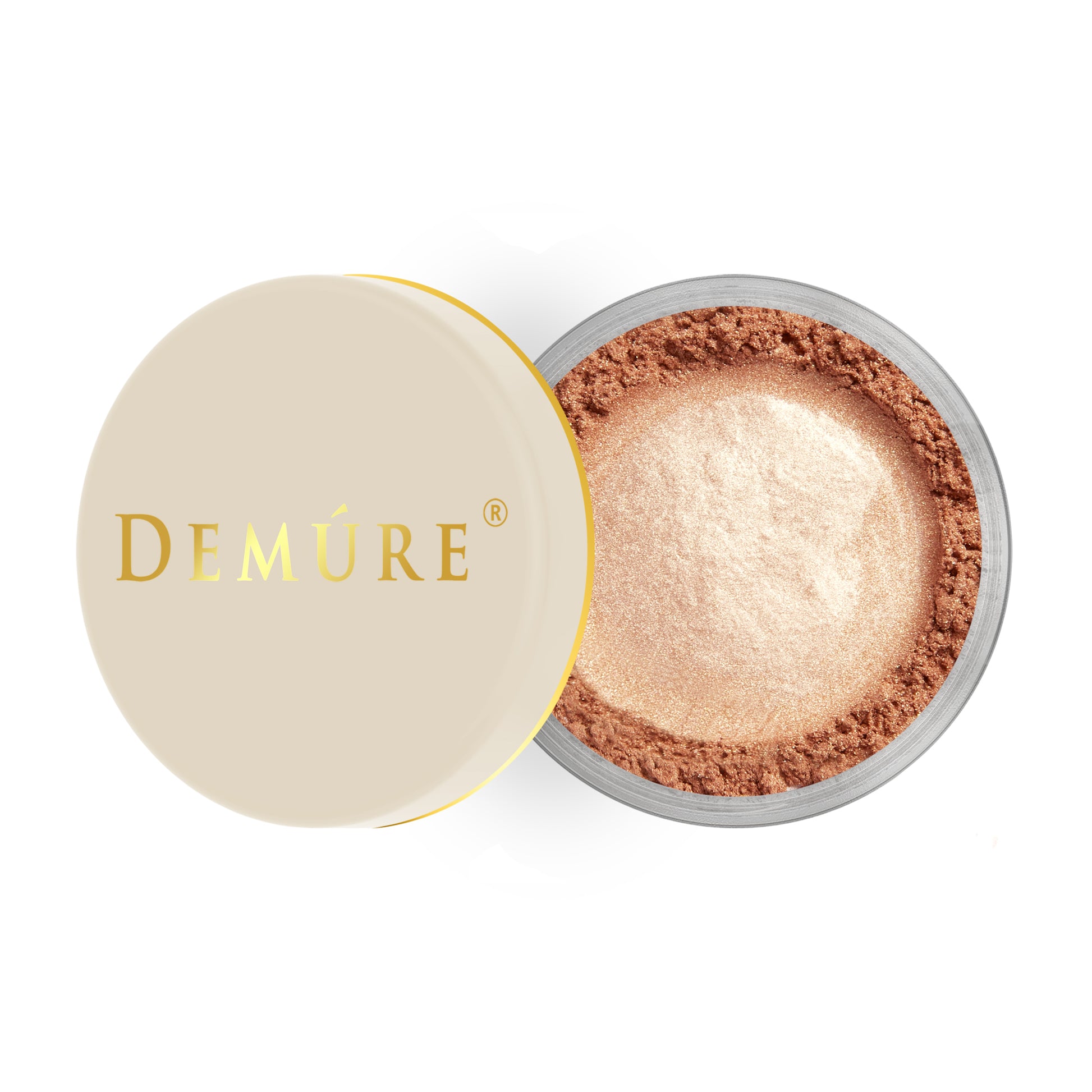 Open container of Demure Face & Body Bronzer with a gold lid