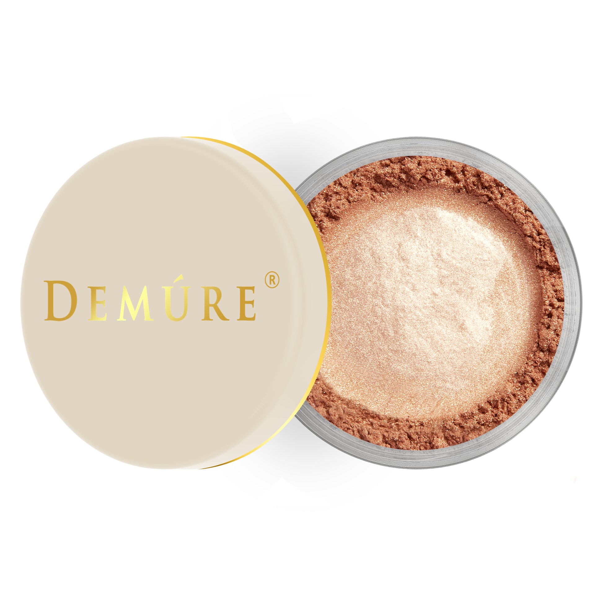 Open container of Demure Face & Body Bronzer with a gold lid