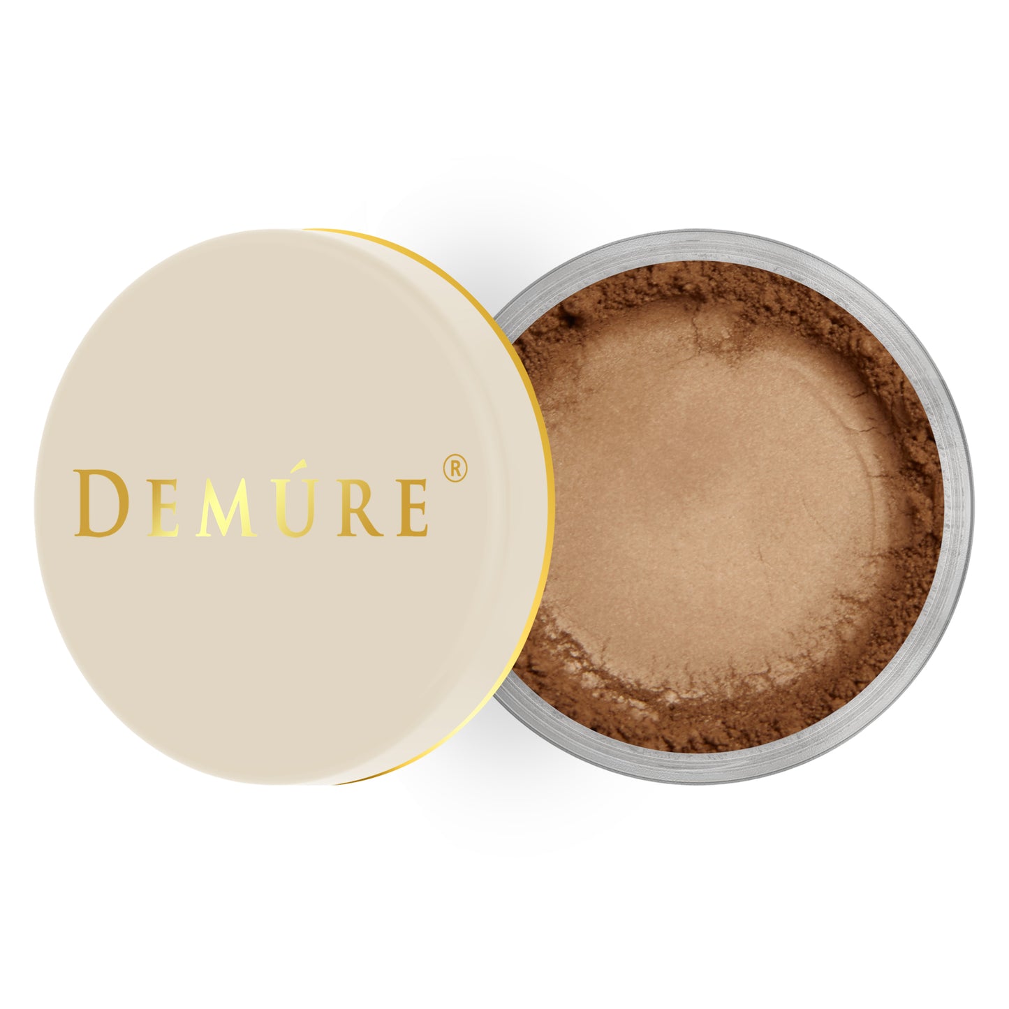 Open container of Demure  Cappuccino color loose foundation with a gold lid