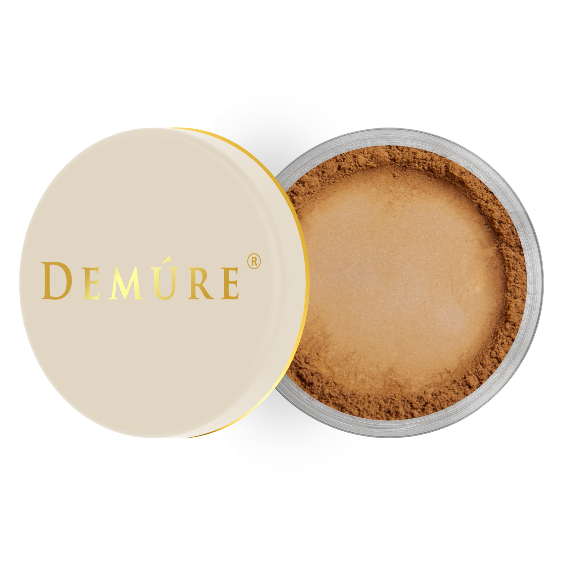 Open container of Demure Dark Warm color loose foundation with a gold lid