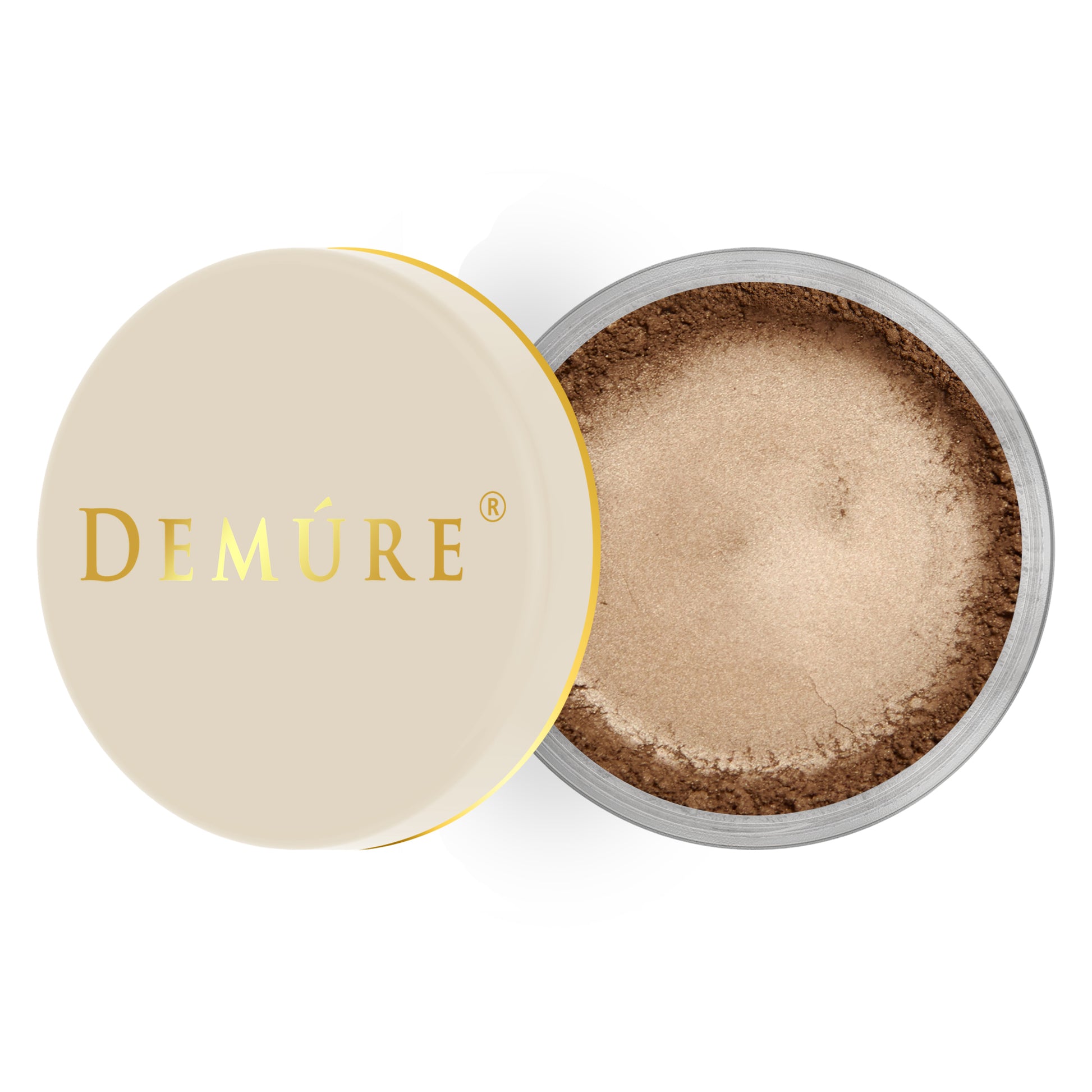 Open container of Demure Espresso color loose foundation with a gold lid