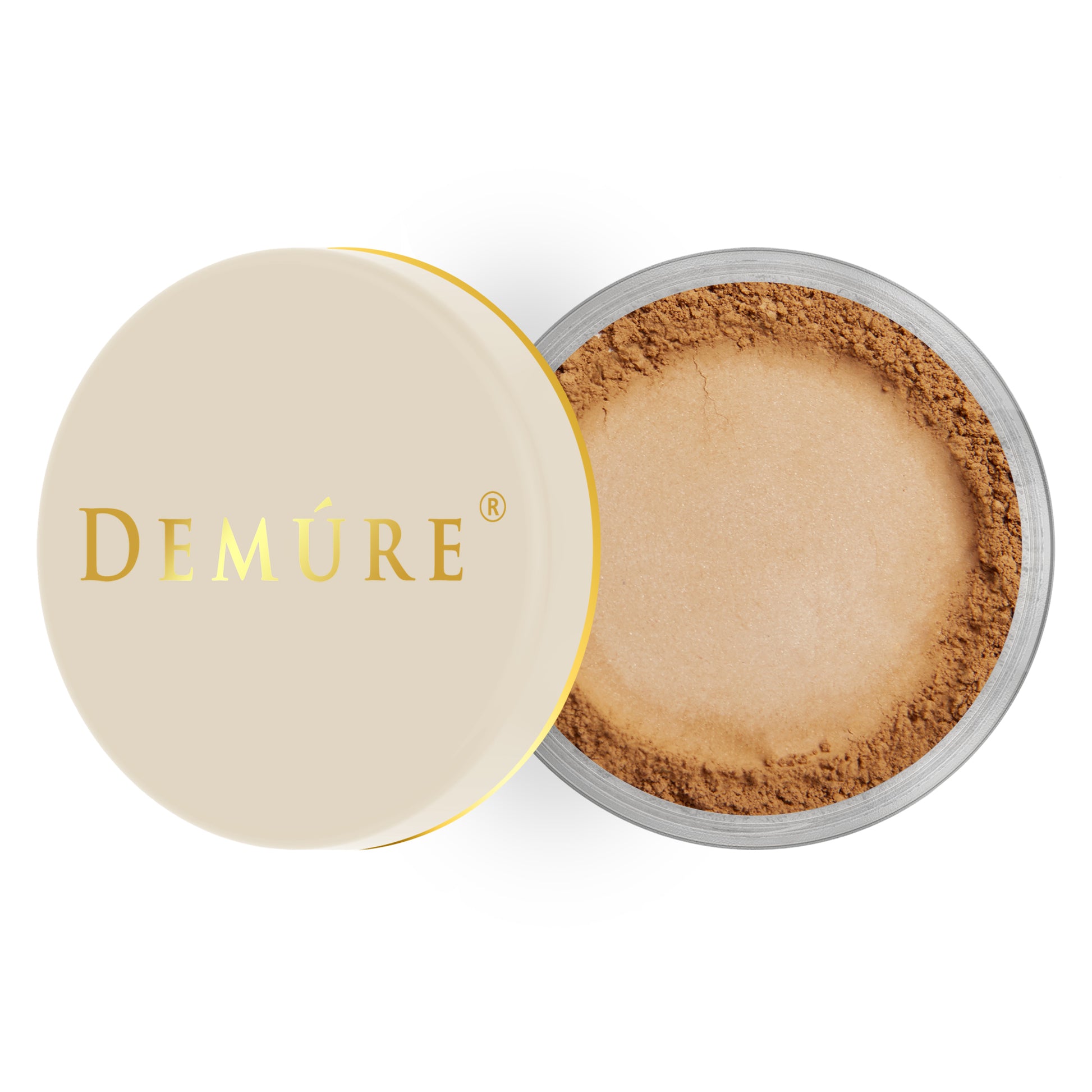 Open container of Demure Dark color loose finishing with a gold lid