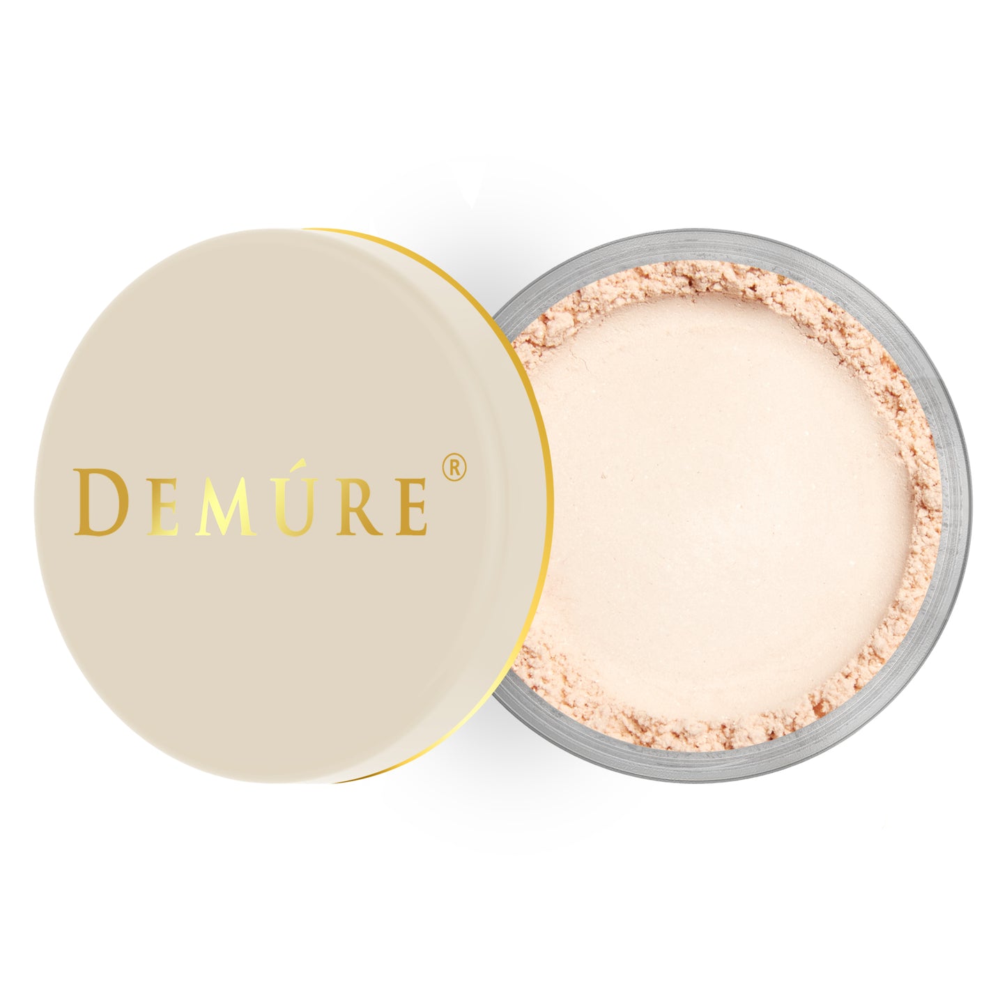 Open container of Demure Original color loose finishing with a gold lid