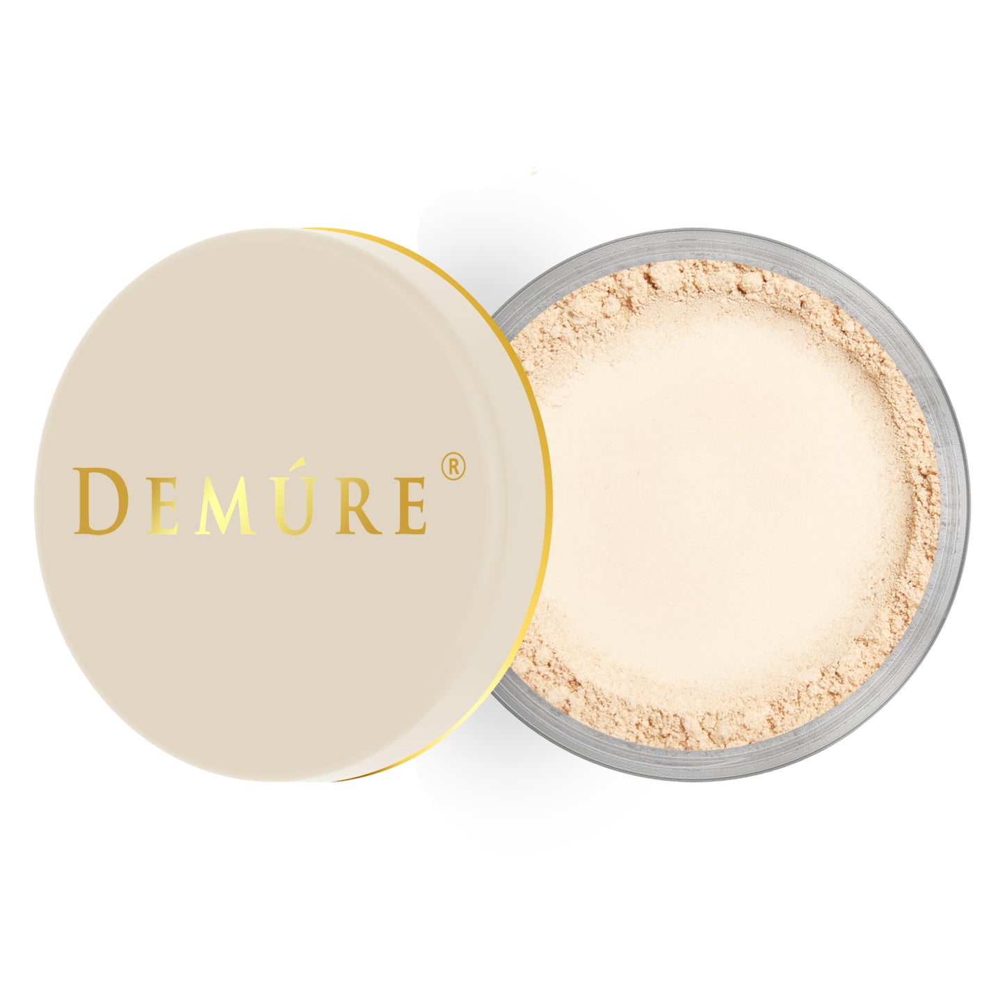 Open container of Demure Light Warm color loose foundation with a gold lid