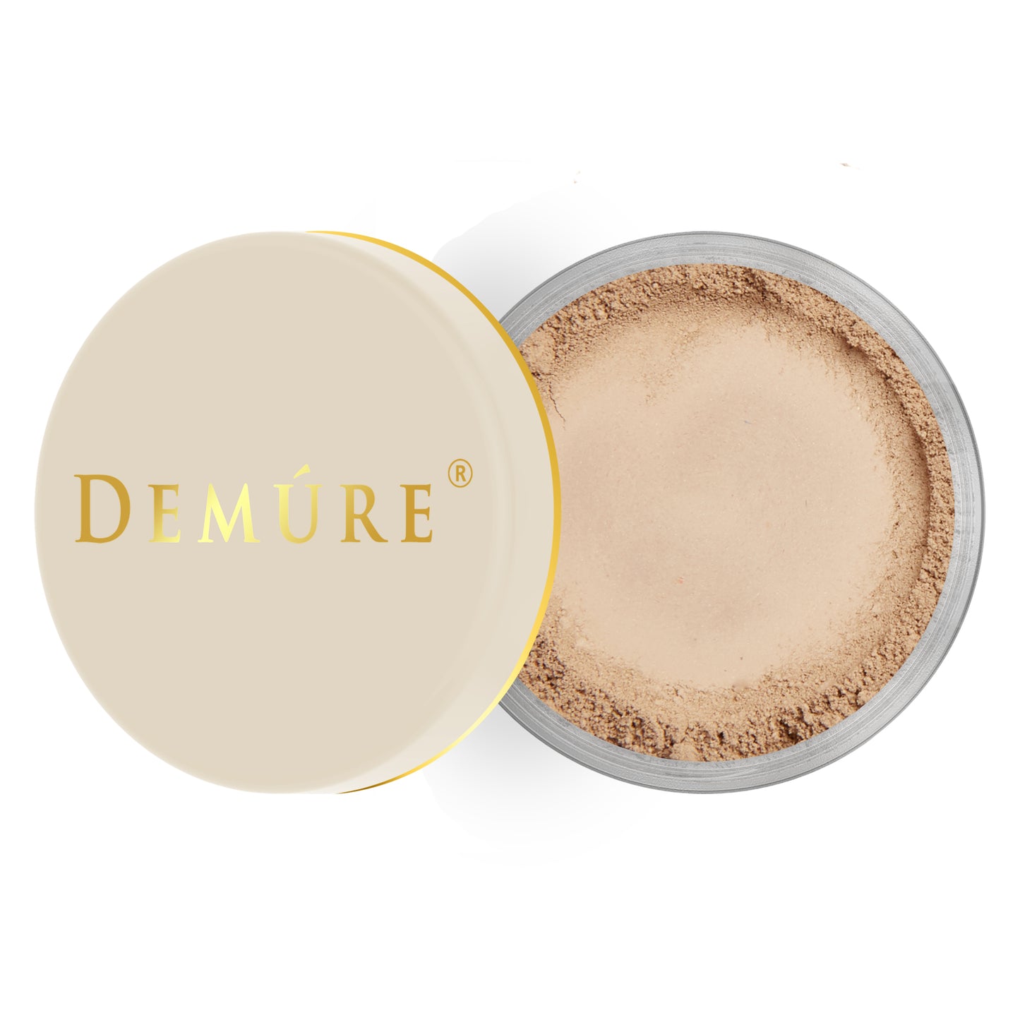 Open container of Demure Medium Dark  color loose foundation with a gold lid