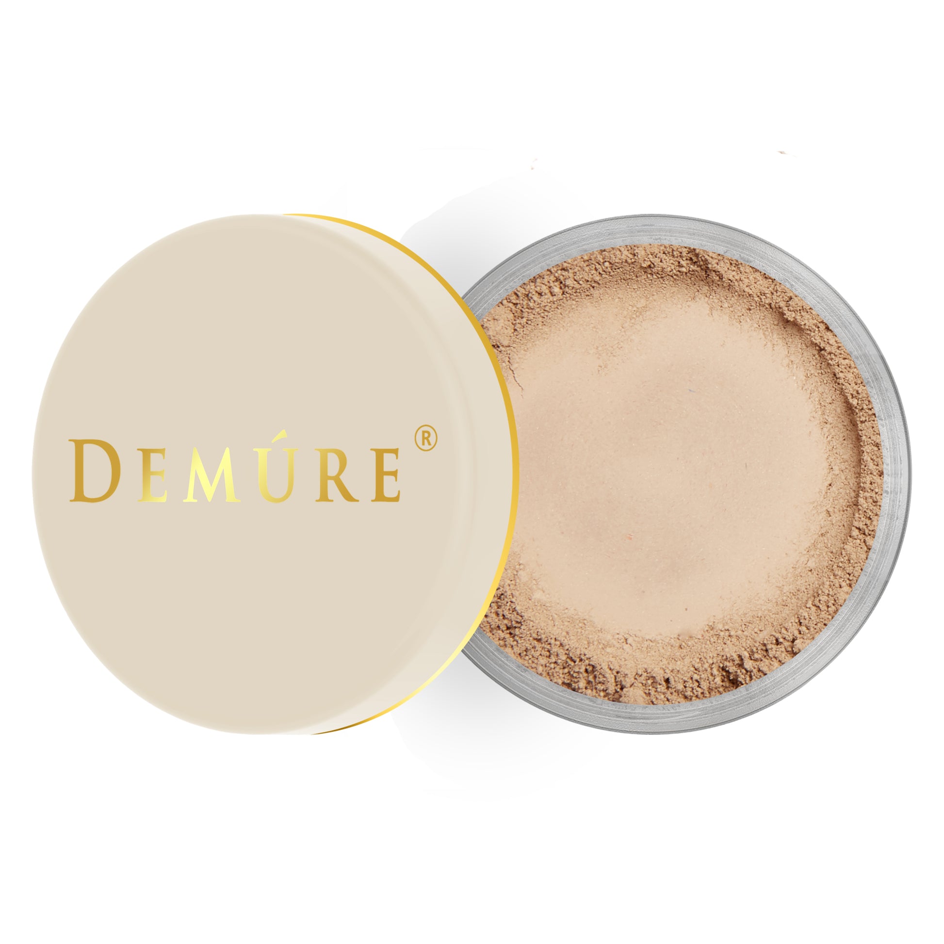 Open container of Demure Medium Dark  color loose foundation with a gold lid