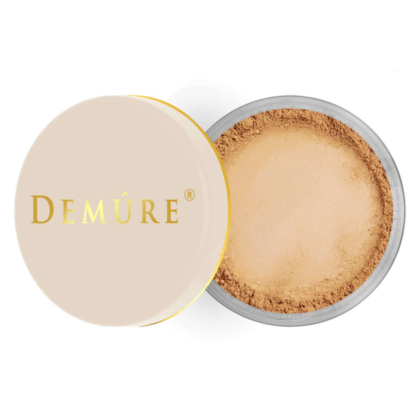 Open container of Demure Medium Dark Warm color loose foundation with a gold lid