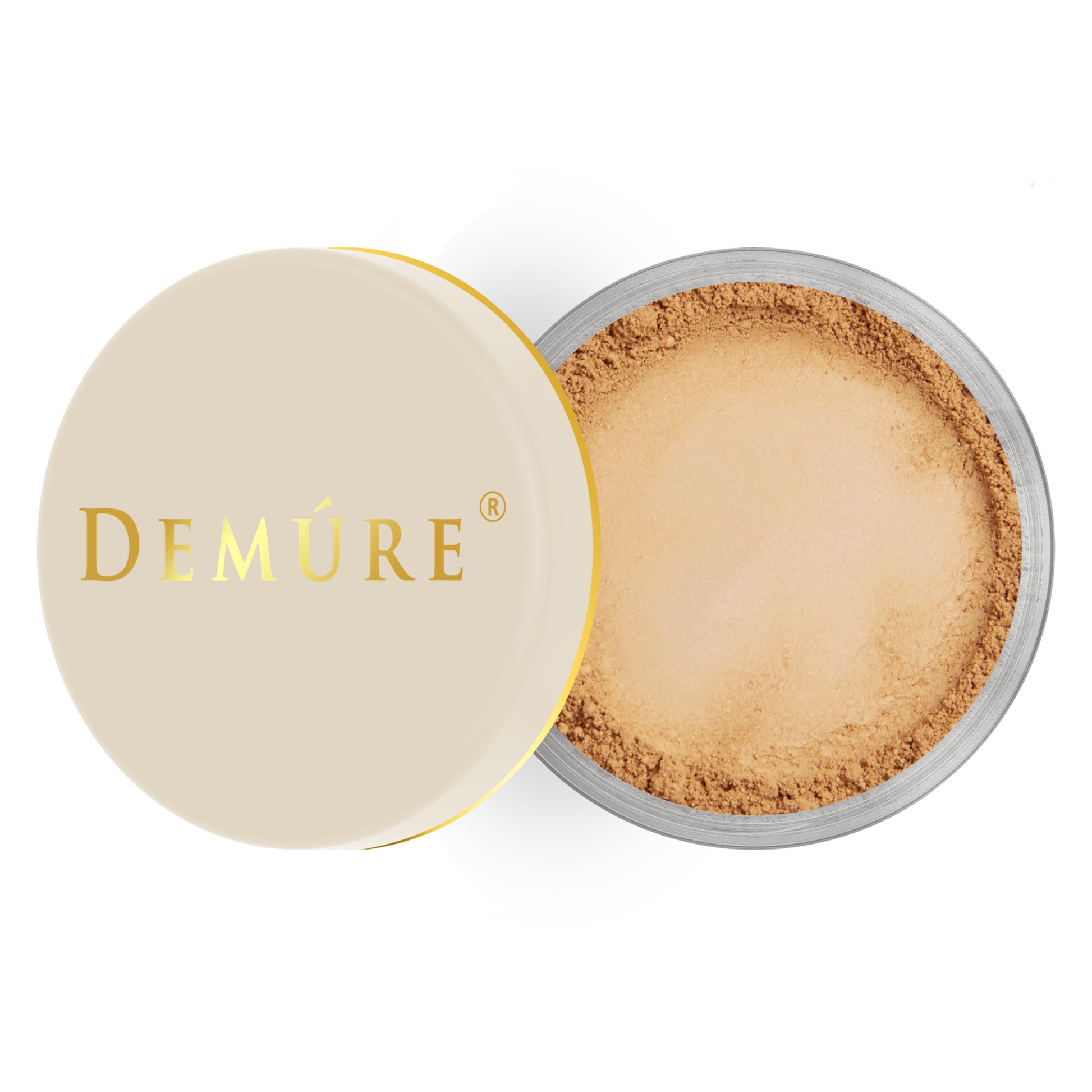 Open container of Demure Medium Dark Warm color loose foundation with a gold lid