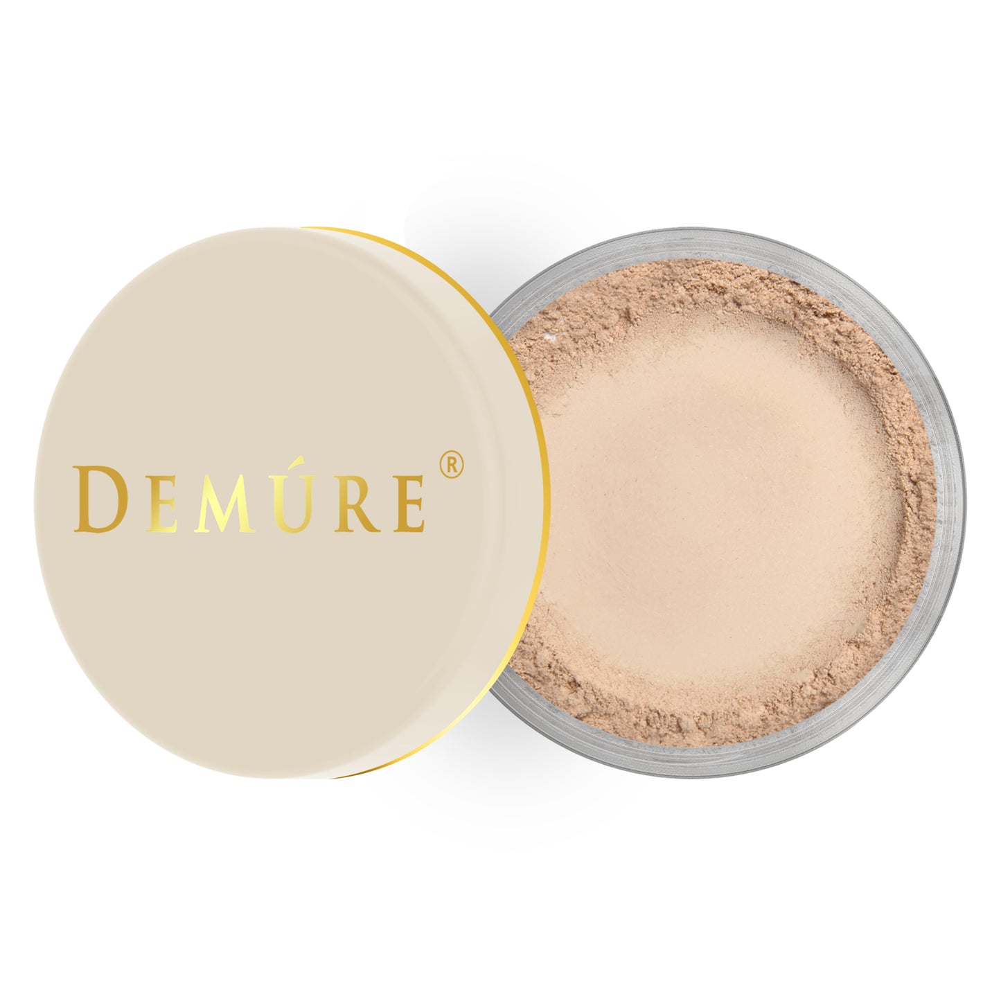 Open container of Demure  Medium color loose foundation  with a gold lid