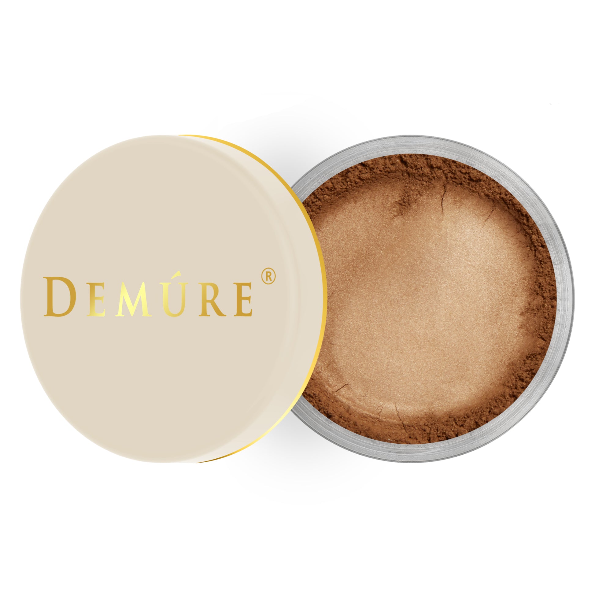 Open container of Demure Spiced Honey color loose foundation with a gold lid