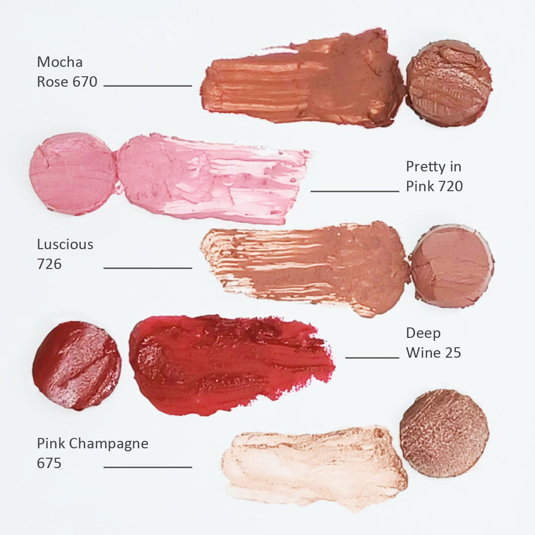 Swatches of Demure Lipsticks in Mocha Rose, Pretty in Pink, Luscious, Deep Wine, and Pink Champagne
