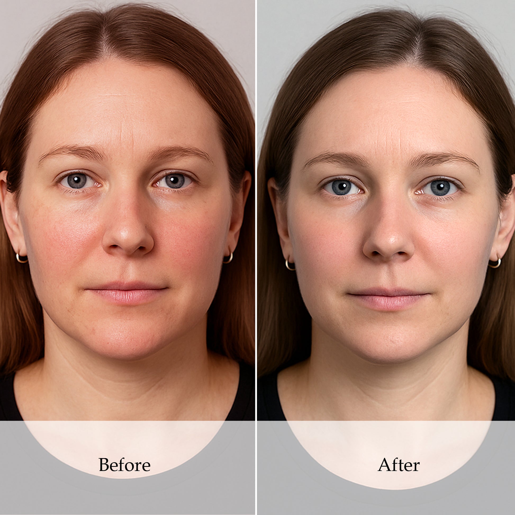 Side-by-side comparison of a woman's face before and after Demure Mint concealer