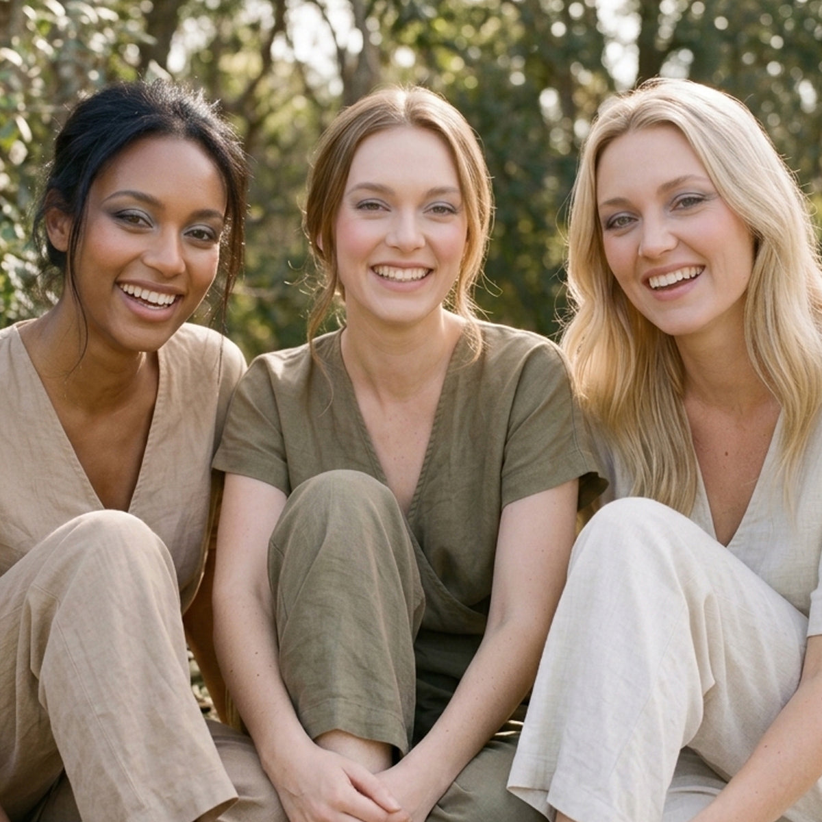 Three women sitting outdoors together, wearing matching linen-style V-neck tops and pants in neutral earth tones: beige, olive green, and off-white. Trees are blurred in the background.