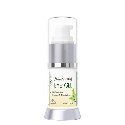 A pump bottle of Deluvia Awakening Eye Gel